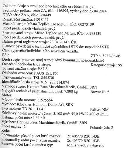 SAMOJÍZDNÝ PRACOVNÍ STROJ – KOMUNÁLNÍ NOSIČ – NAKLADAČ, PAUS TSL 855.S30 2